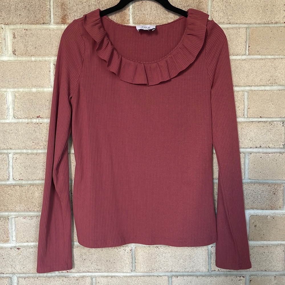 J.O.A. Mauve Ribbed Ruffle Neck Top